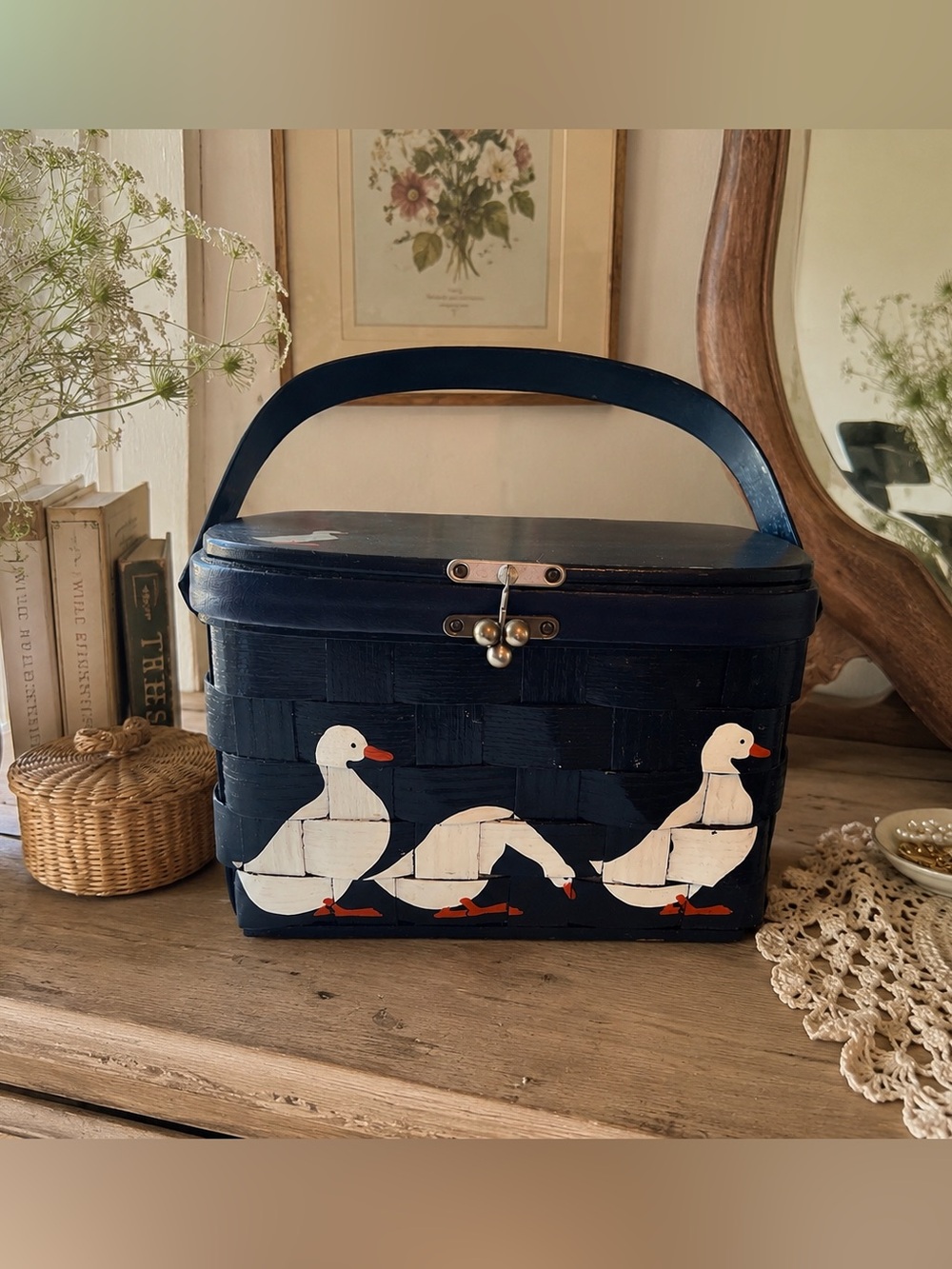 Authentic Vintage Caro-Nan Handpainted Navy Basket Purse Basket with Geese
